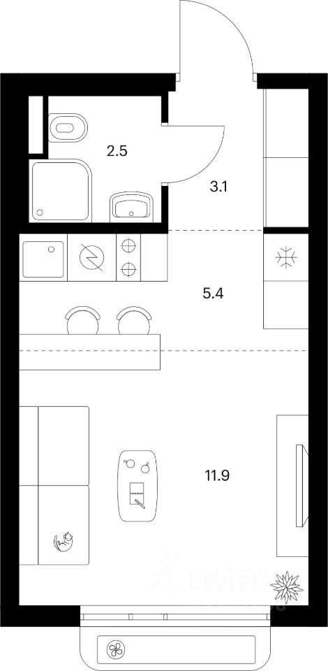 Студия, 22,9 м², 4/15 этаж
