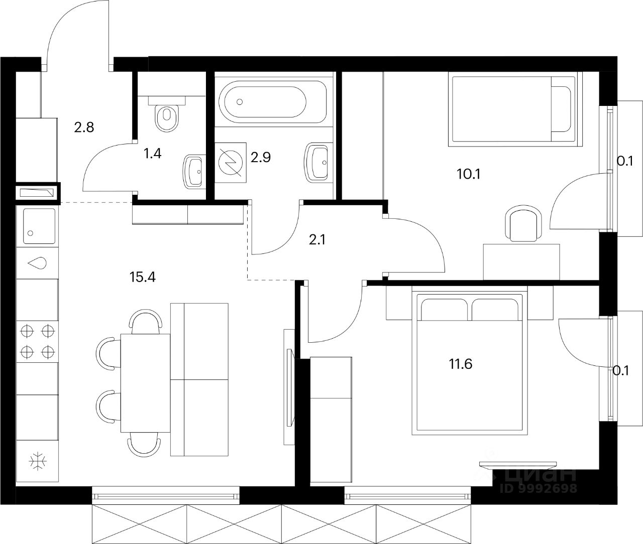 2-комн.кв., 46,5 м², 11/24 этаж