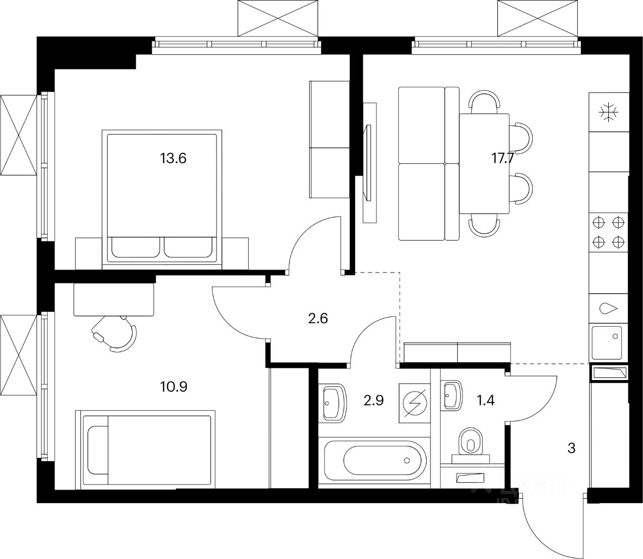 2-комн.кв., 52,1 м², 7/13 этаж