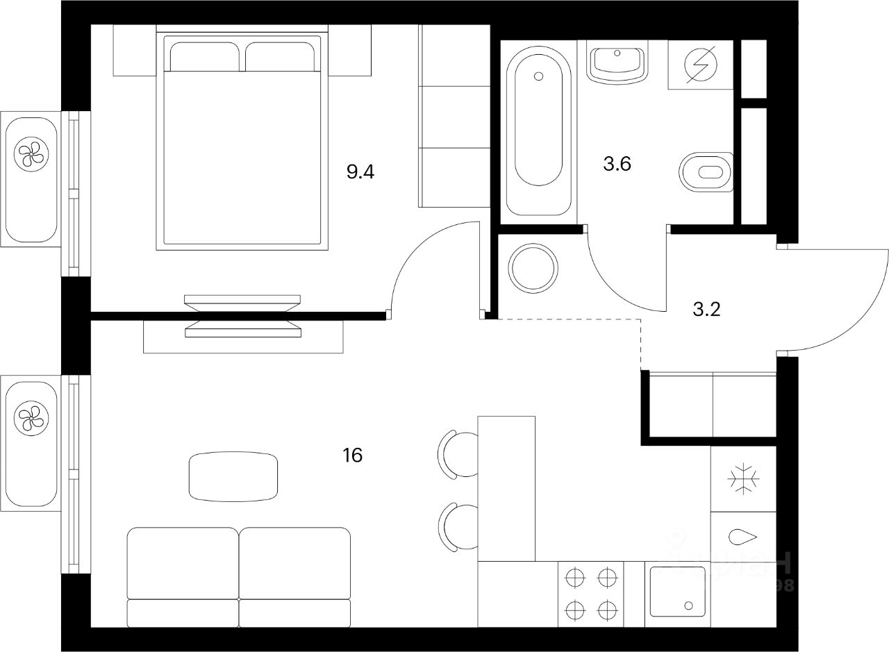 1-комн.кв., 32,2 м², 19/24 этаж