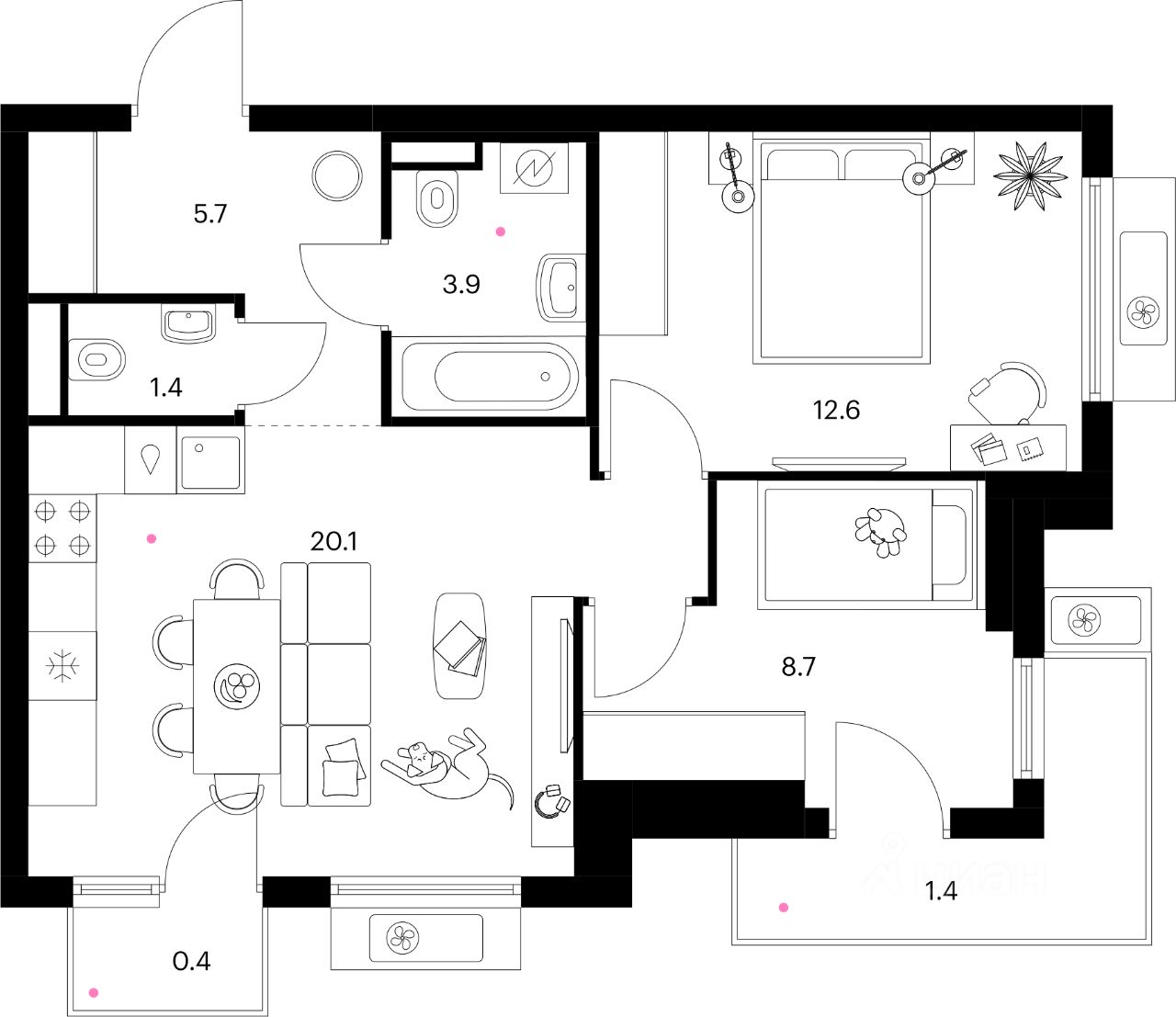 2-комн.кв., 54,2 м², 3/25 этаж