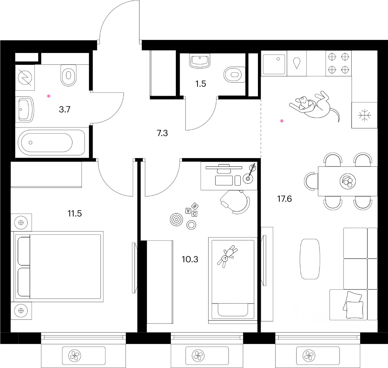 2-комн.кв., 51,9 м², 2/25 этаж