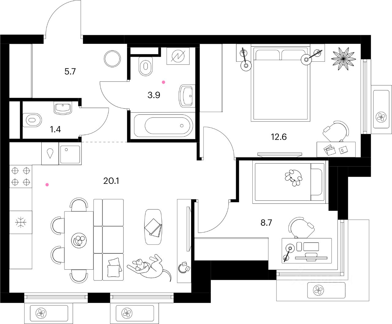 2-комн.кв., 52,4 м², 14/25 этаж