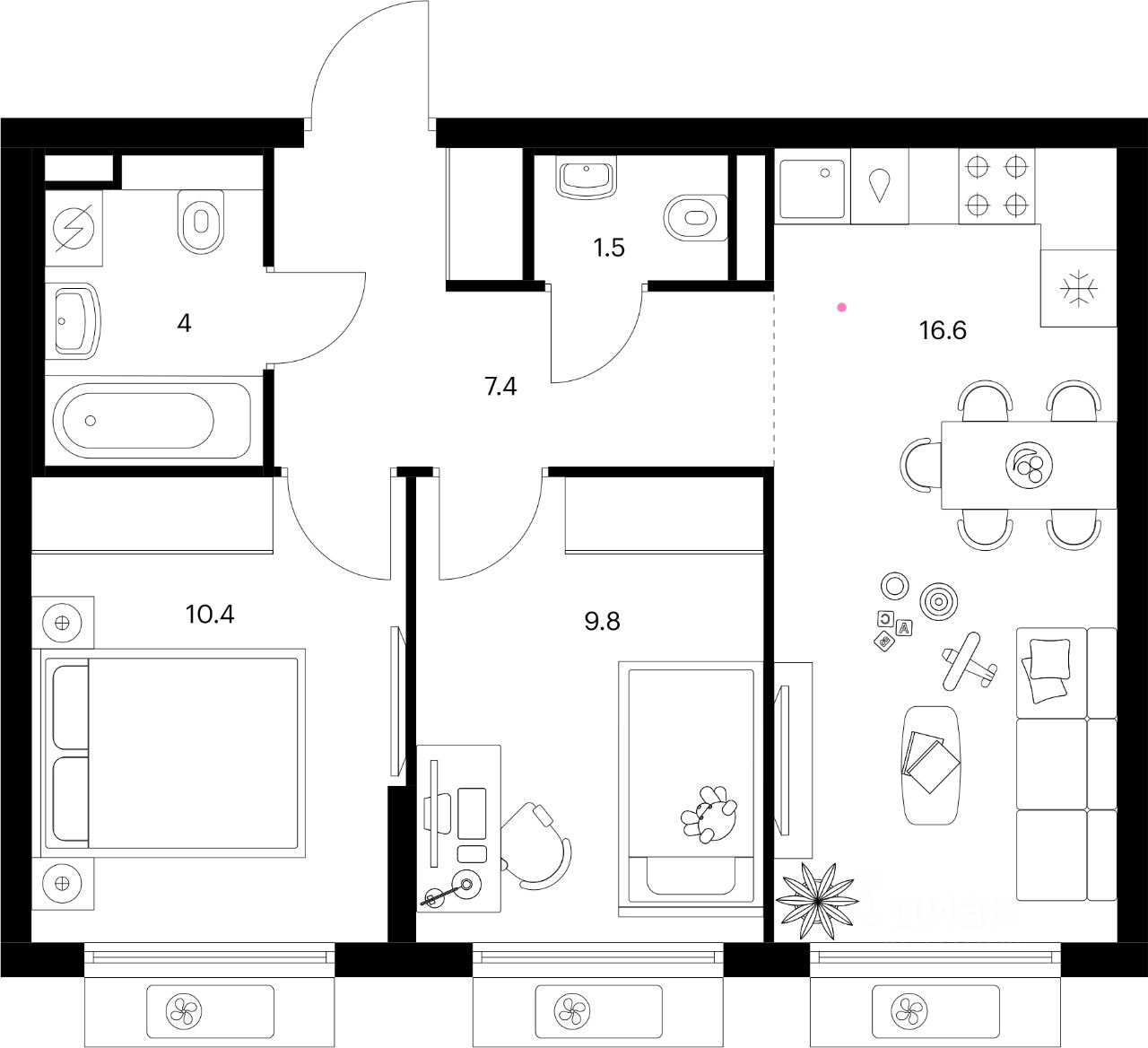 2-комн.кв., 49,7 м², 2/15 этаж