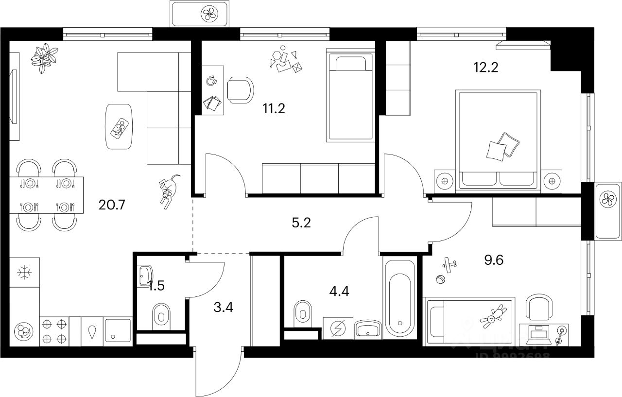 3-комн.кв., 68,2 м², 25/25 этаж