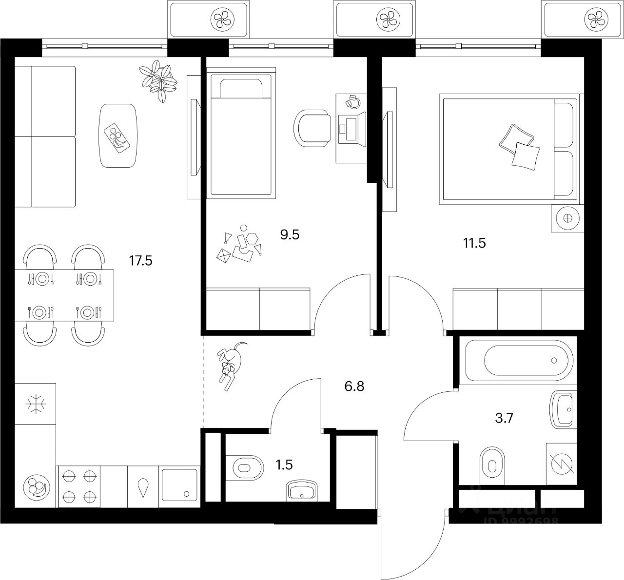 2-комн.кв., 50,5 м², 25/25 этаж
