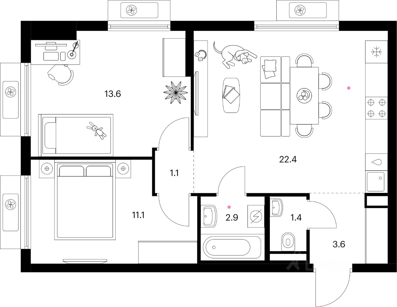 2-комн.кв., 56,1 м², 3/15 этаж