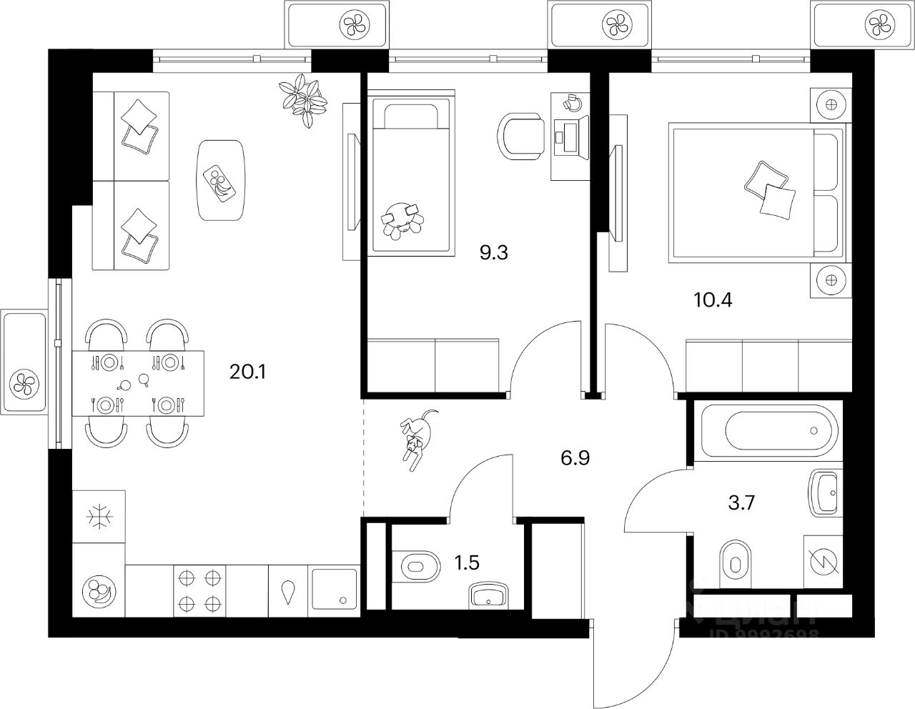 2-комн.кв., 51,9 м², 20/25 этаж