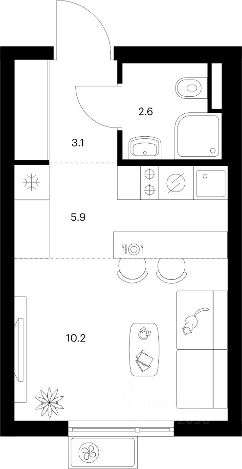 Студия, 21,8 м², 18/25 этаж
