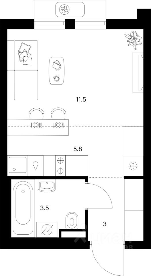 Студия, 23,8 м², 14/25 этаж