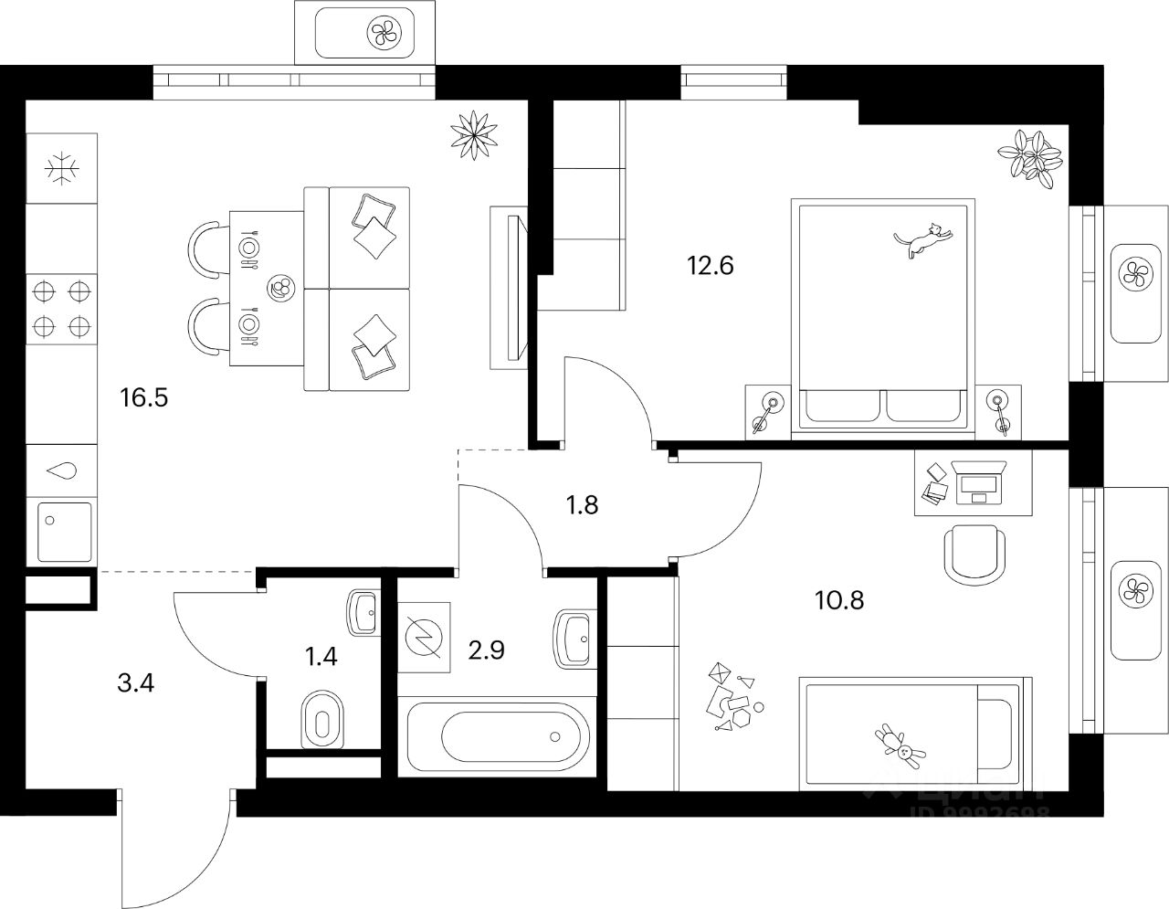 2-комн.кв., 49,4 м², 8/25 этаж