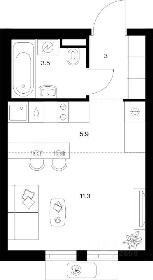 Студия, 23,7 м², 12/25 этаж
