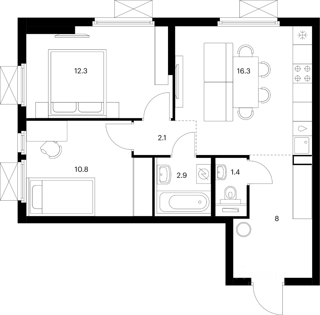 2-комн.кв., 53,8 м², 14/25 этаж