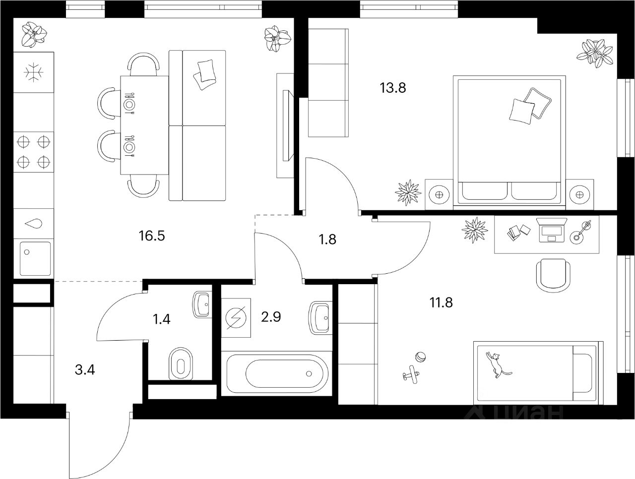 2-комн.кв., 51,6 м², 24/25 этаж