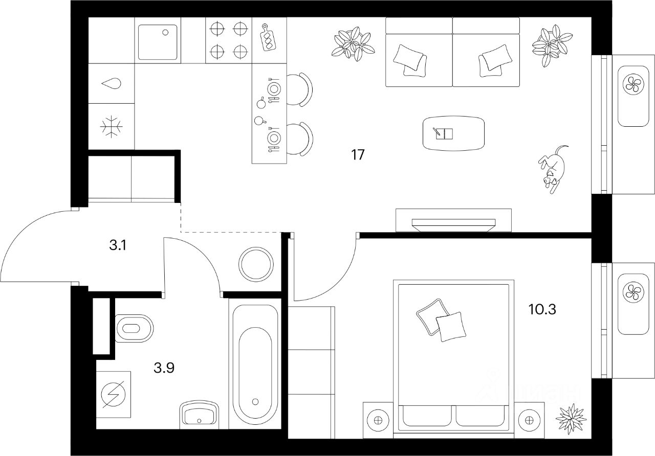 1-комн.кв., 34,3 м², 17/25 этаж