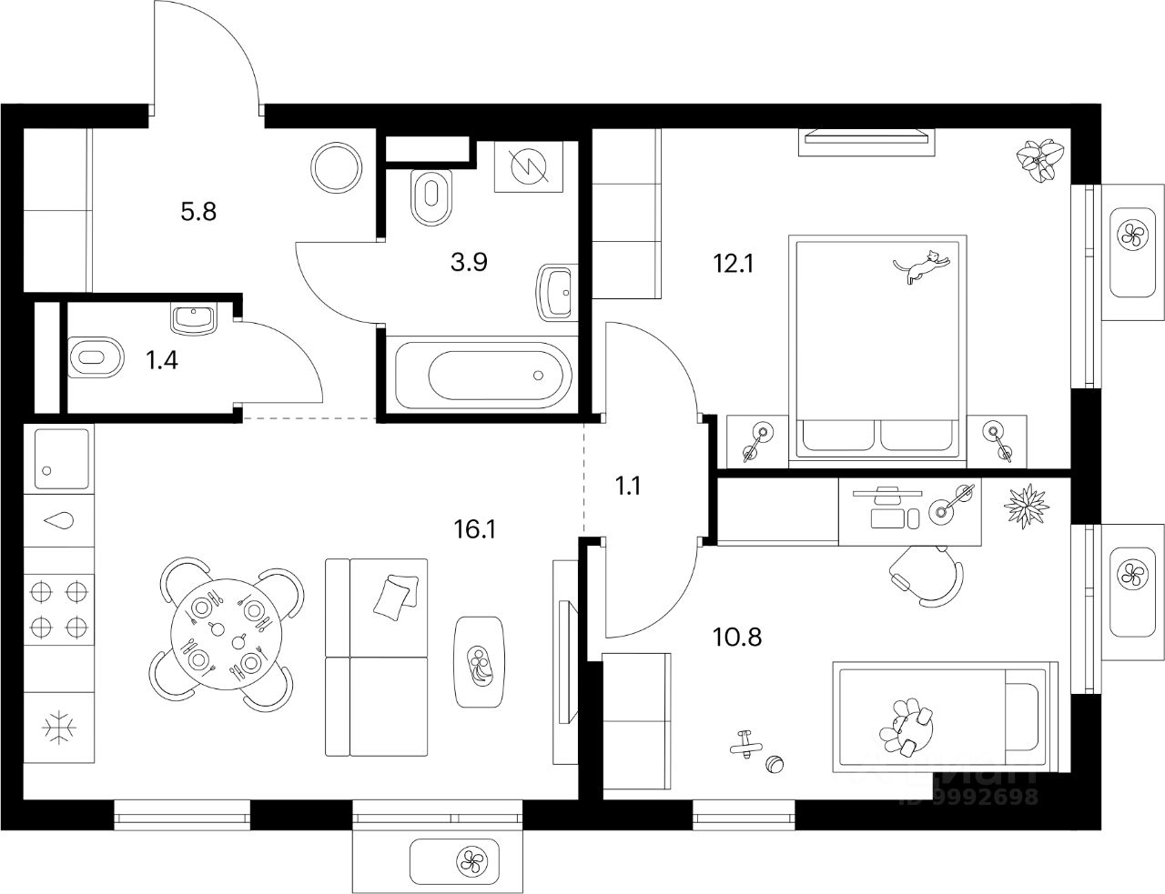 2-комн.кв., 51,2 м², 25/25 этаж