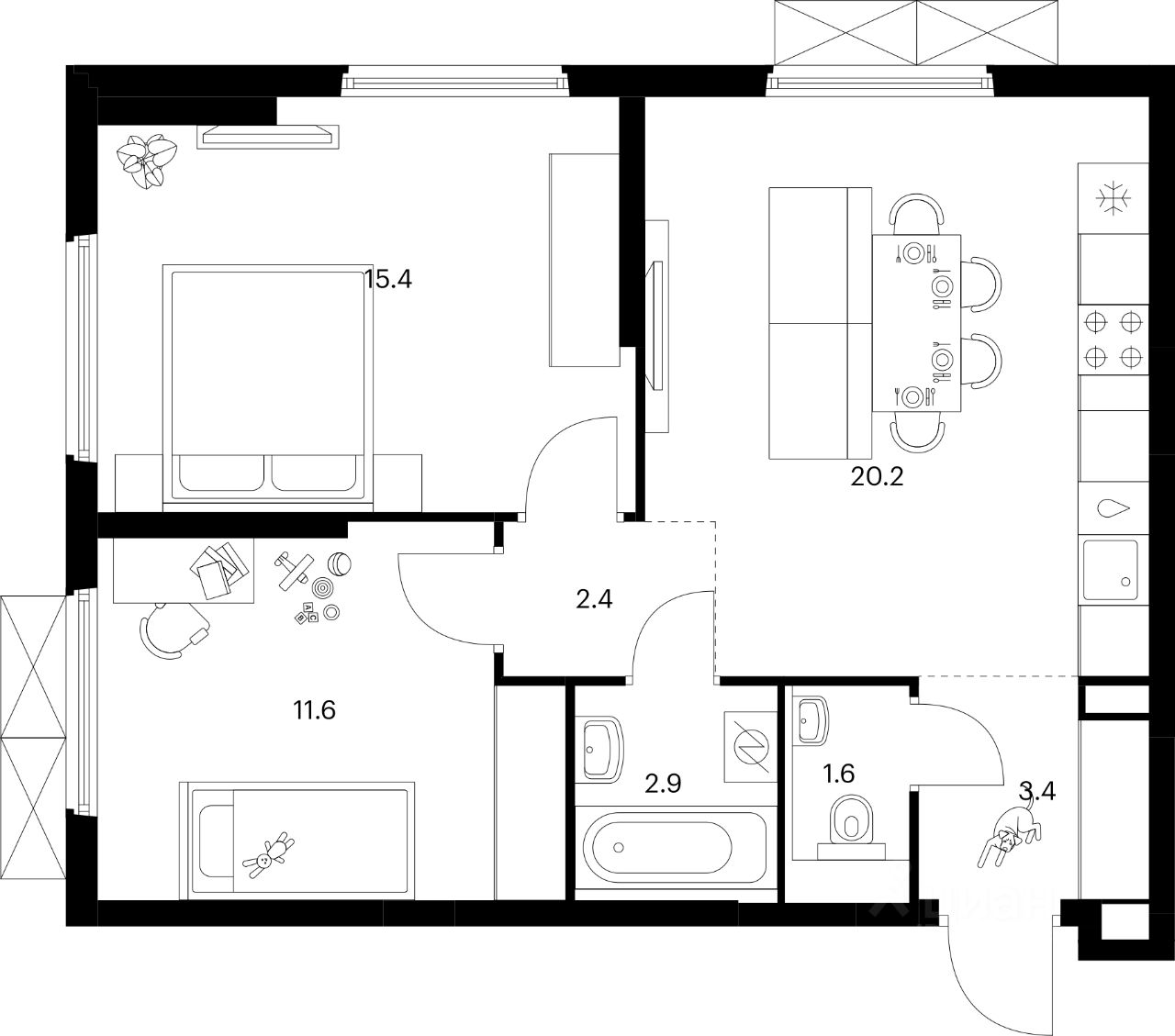 2-комн.кв., 57,5 м², 24/25 этаж