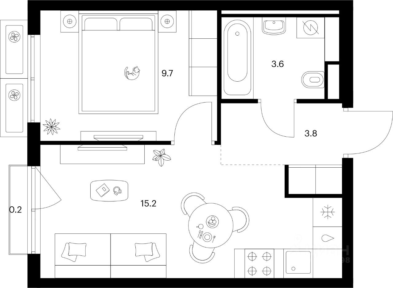1-комн.кв., 32,5 м², 8/15 этаж
