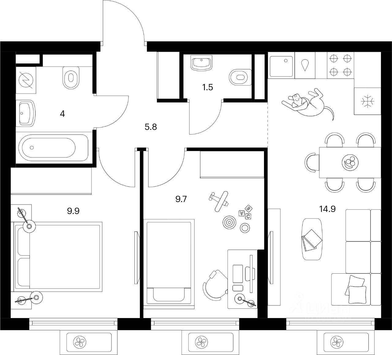 2-комн.кв., 45,8 м², 7/15 этаж