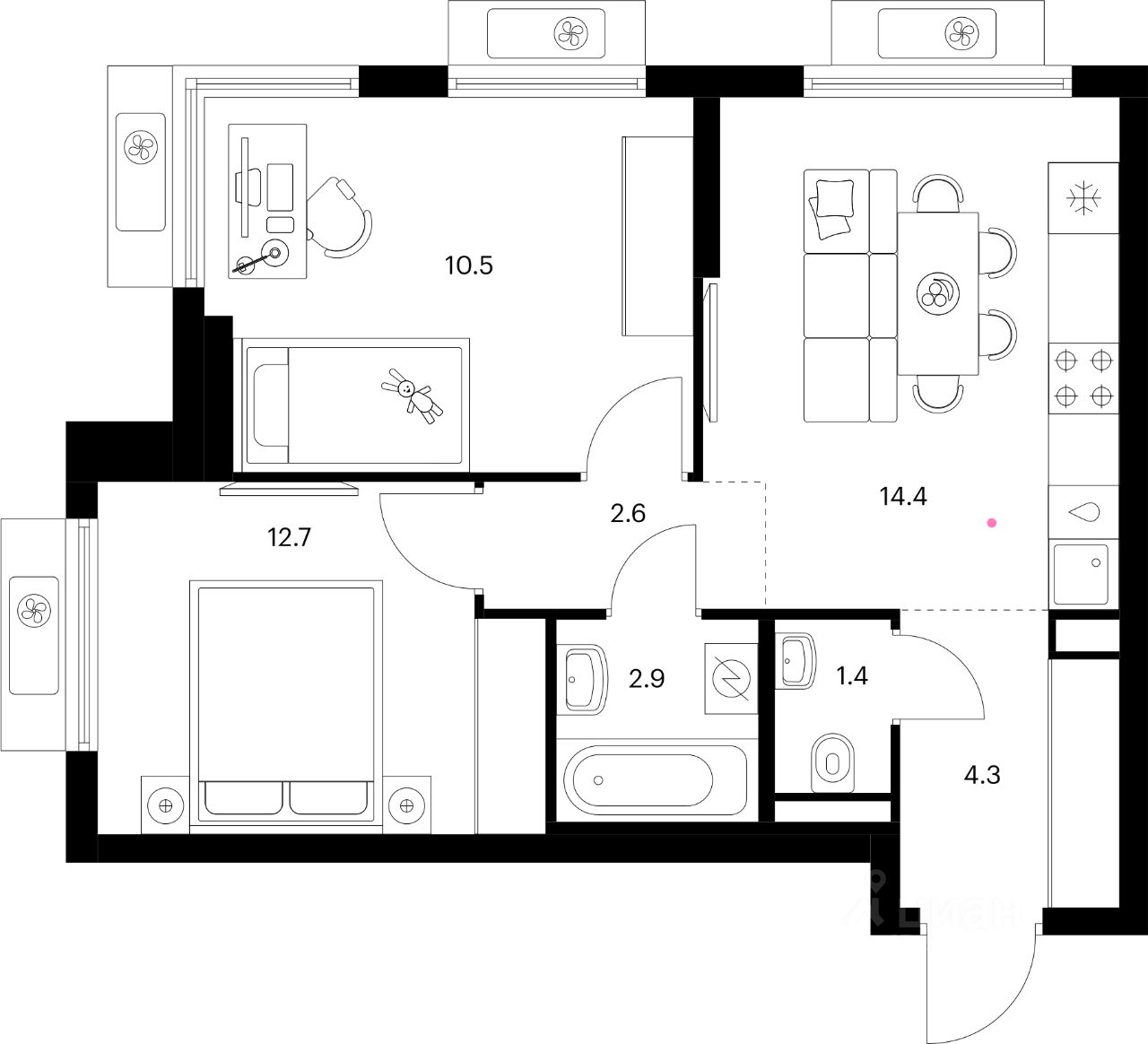 2-комн.кв., 48,8 м², 3/20 этаж