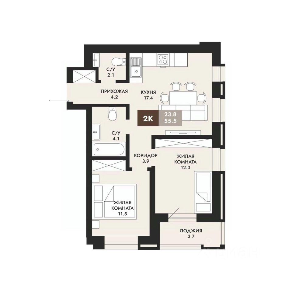 2-комн.кв., 55,5 м², 16/22 этаж