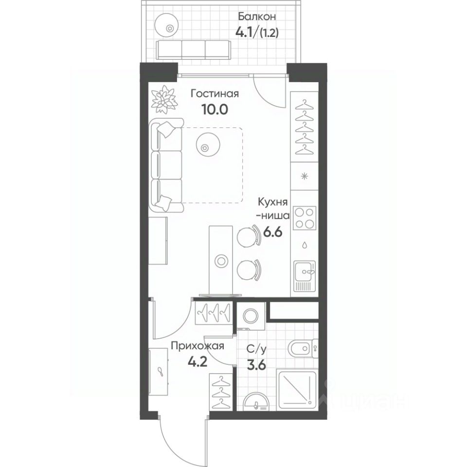 Студия, 25,8 м², 9/10 этаж