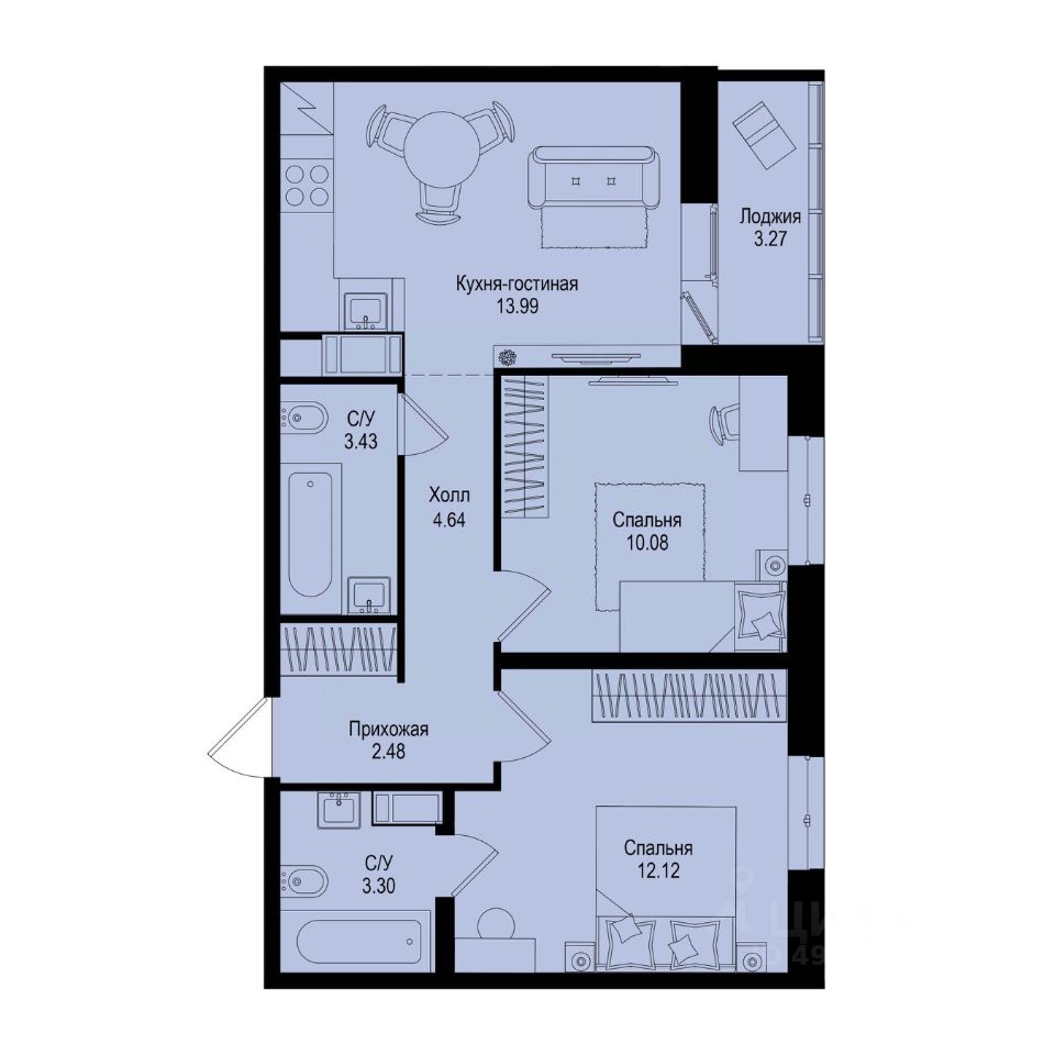 2-комн.кв., 51,7 м², 8/9 этаж
