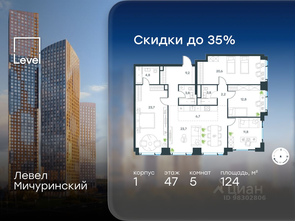 5-комн.кв., 124 м², 47/54 этаж