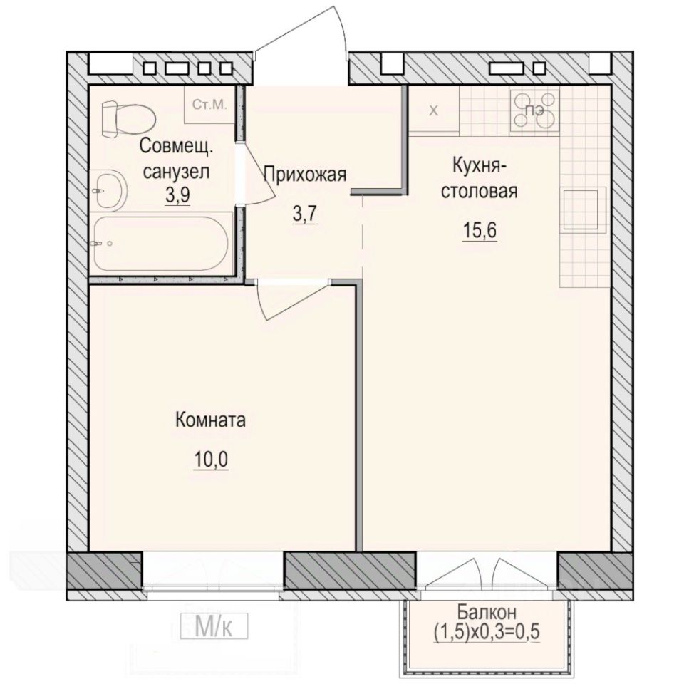 1-комн.кв., 33,7 м², 4/6 этаж