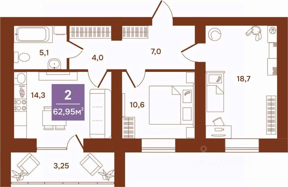 2-комн.кв., 63 м², 1/9 этаж