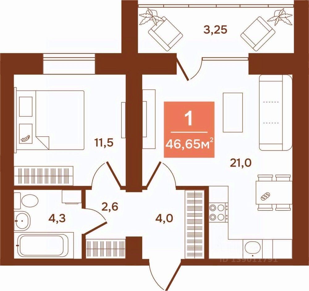 1-комн.кв., 46,6 м², 1/9 этаж