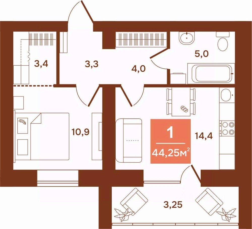 1-комн.кв., 44,2 м², 1/9 этаж