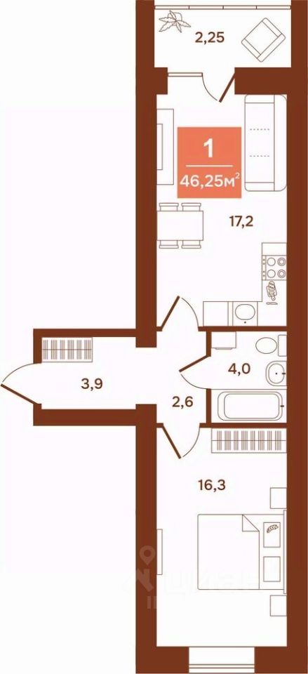 1-комн.кв., 46,2 м², 2/9 этаж