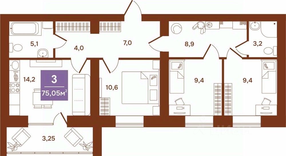 3-комн.кв., 75 м², 2/9 этаж