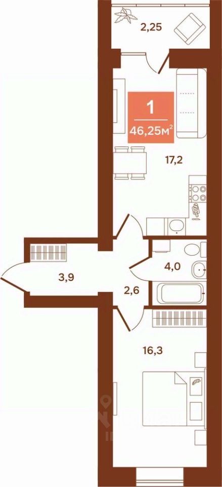 1-комн.кв., 46,2 м², 3/9 этаж