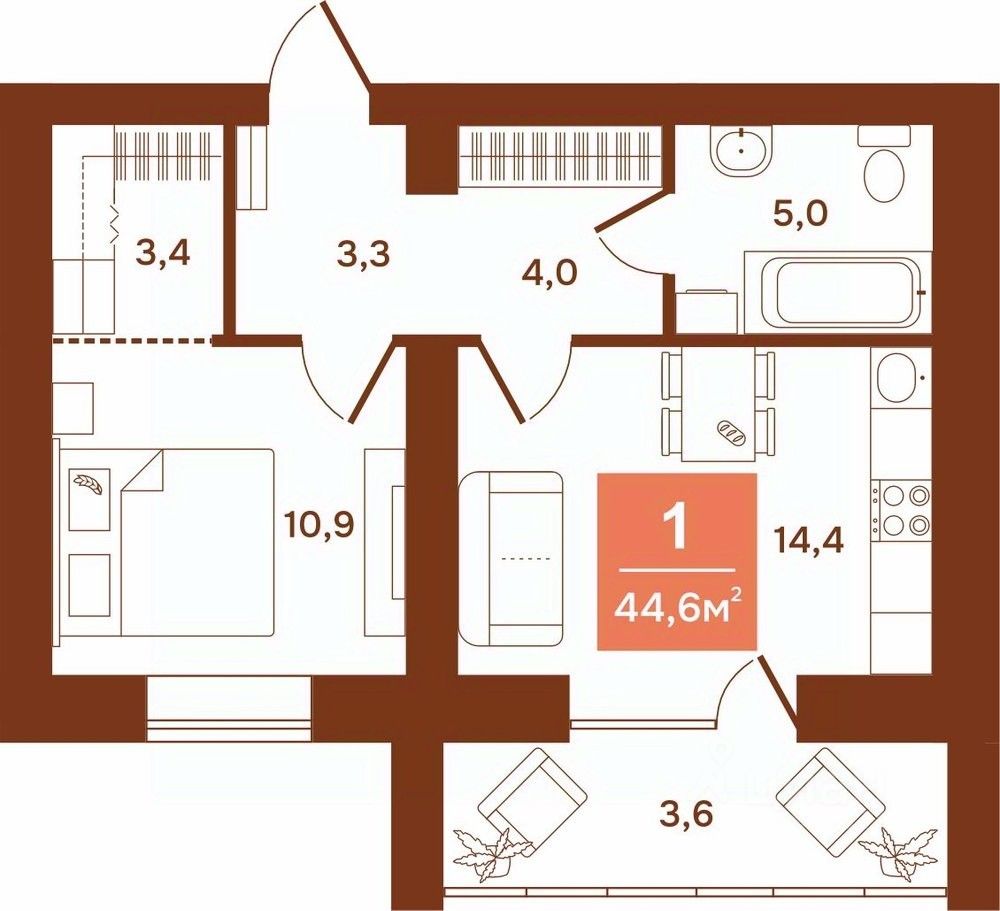 1-комн.кв., 44,6 м², 7/9 этаж