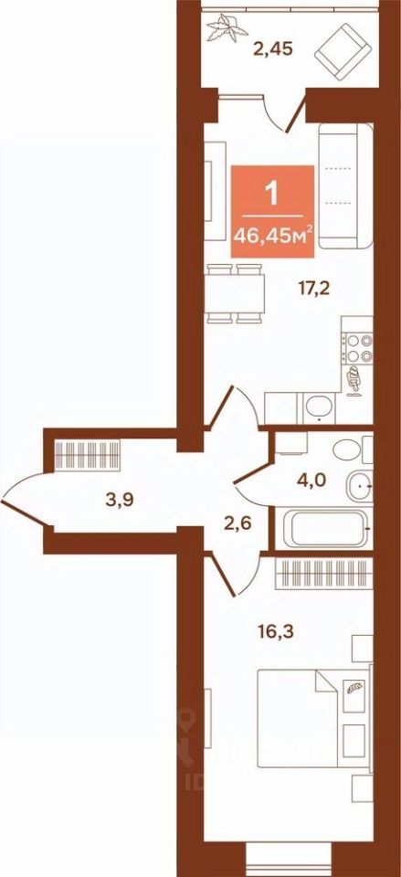 1-комн.кв., 46,5 м², 9/9 этаж