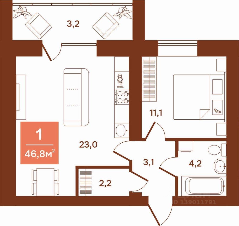 1-комн.кв., 46,8 м², 1/9 этаж
