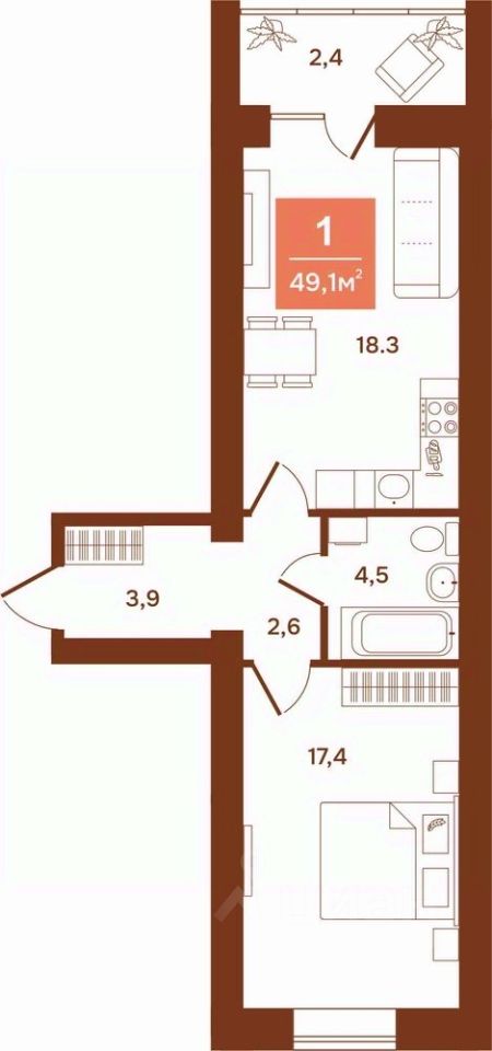 1-комн.кв., 49,1 м², 1/9 этаж