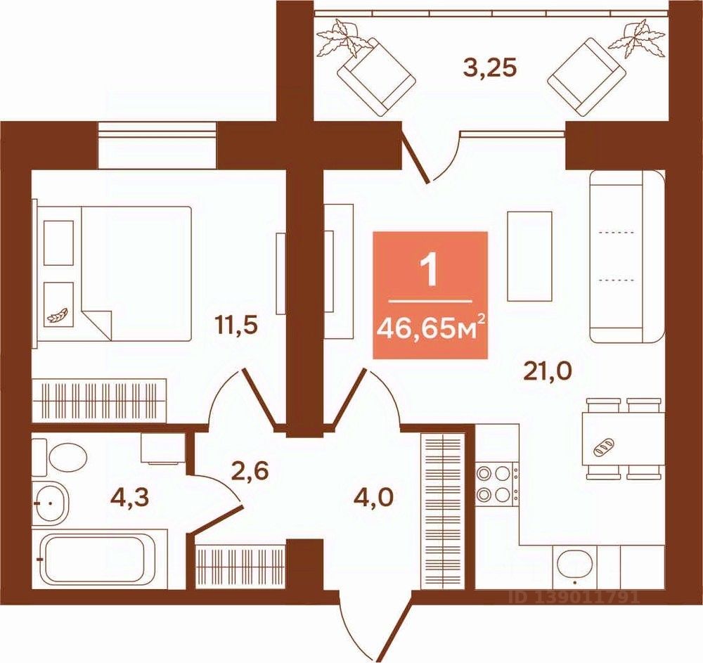 1-комн.кв., 46,6 м², 3/9 этаж