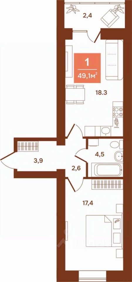1-комн.кв., 49,1 м², 4/9 этаж