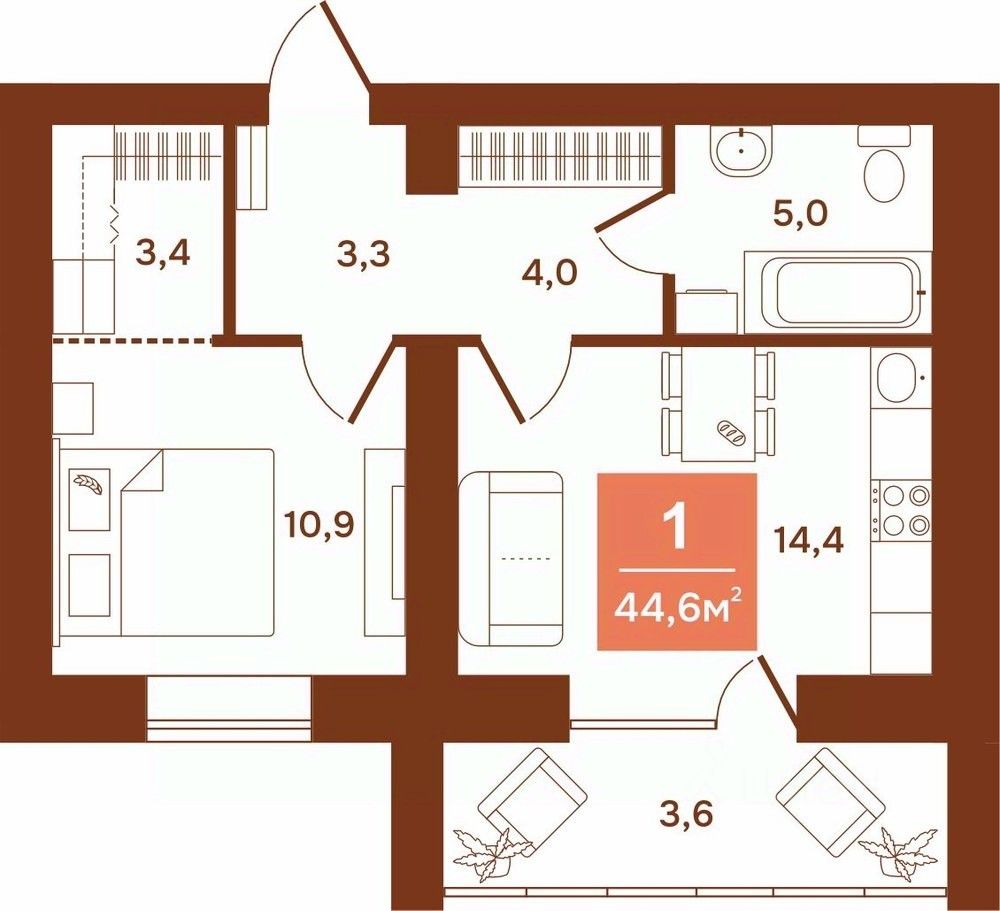 1-комн.кв., 44,6 м², 6/9 этаж