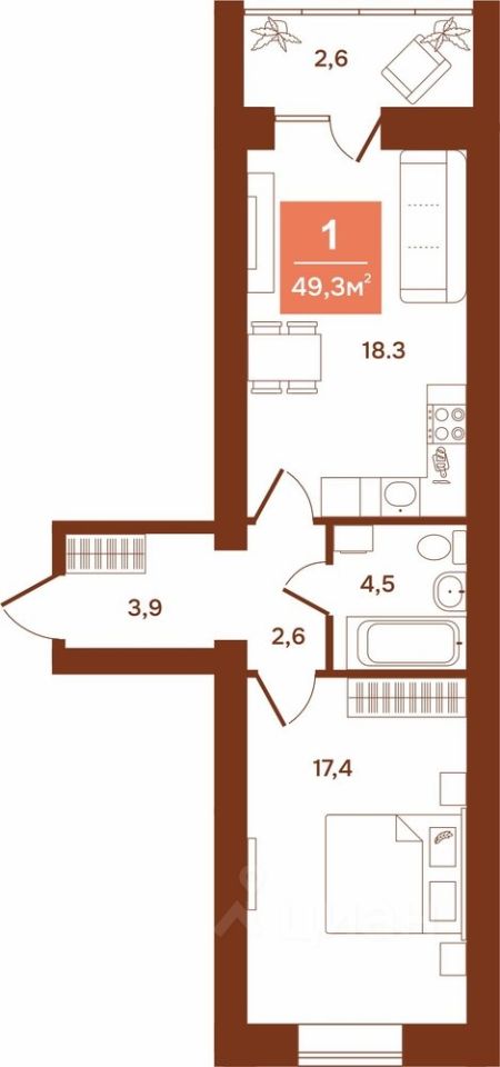 1-комн.кв., 49,3 м², 7/9 этаж
