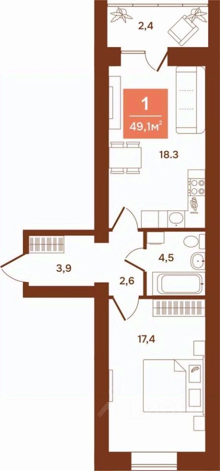 1-комн.кв., 49,1 м², 1/9 этаж