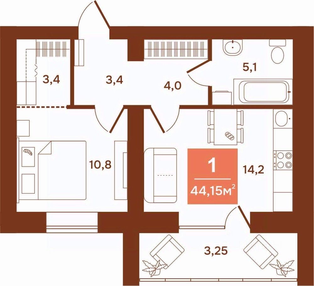 1-комн.кв., 44,1 м², 1/9 этаж
