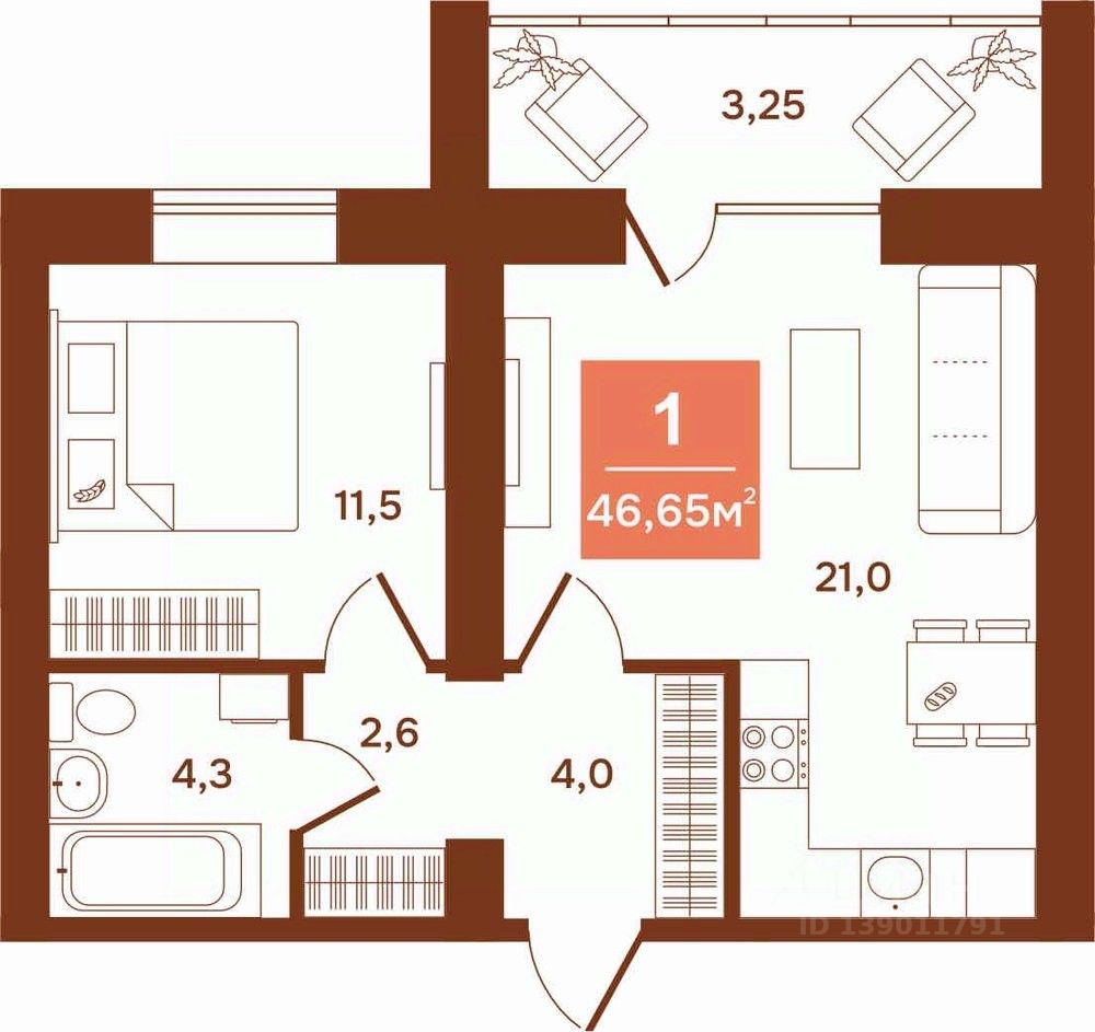 1-комн.кв., 46,6 м², 4/9 этаж