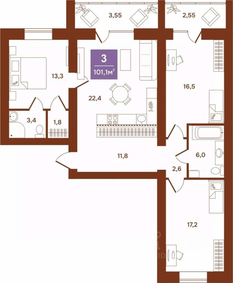 3-комн.кв., 101,1 м², 6/9 этаж