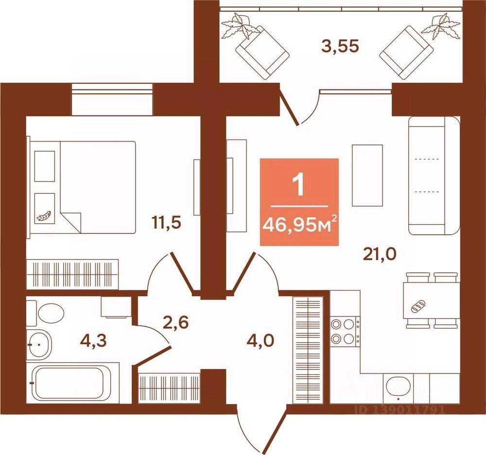 1-комн.кв., 47 м², 9/9 этаж