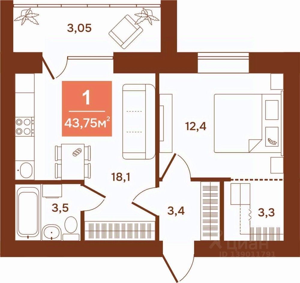 1-комн.кв., 43,8 м², 1/9 этаж