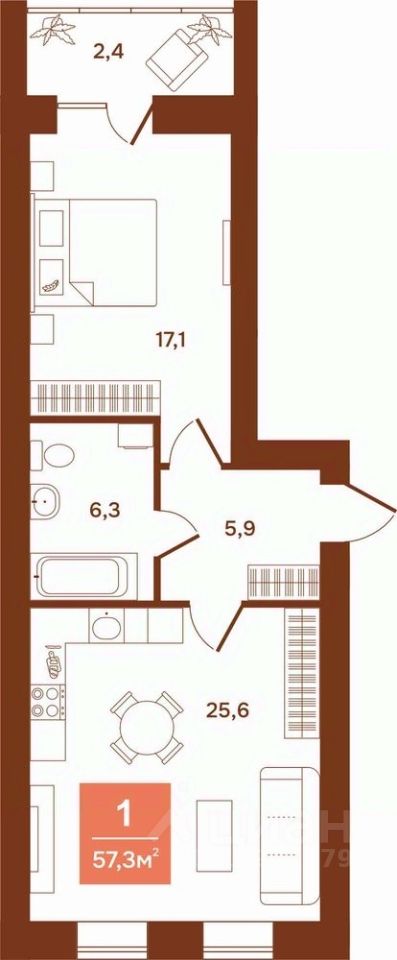 1-комн.кв., 57,3 м², 3/9 этаж